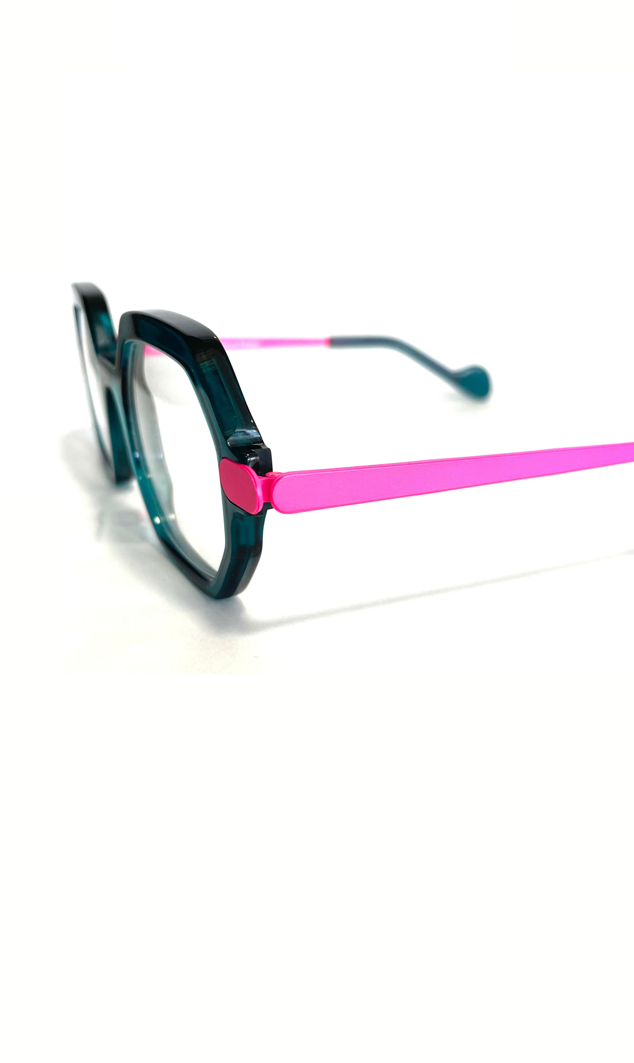 Lunettes octogonale bleue à branche métalliques roses 