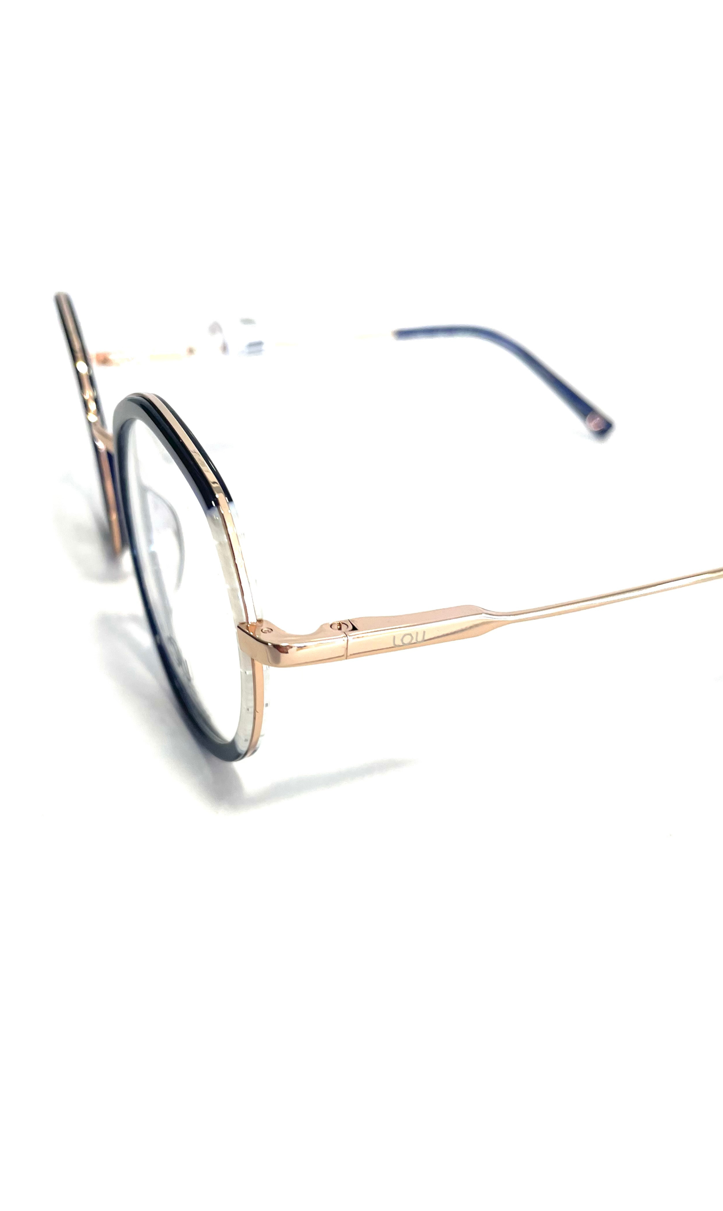 Lunettes à clips solaire Lou à face bleue et en métal rose 