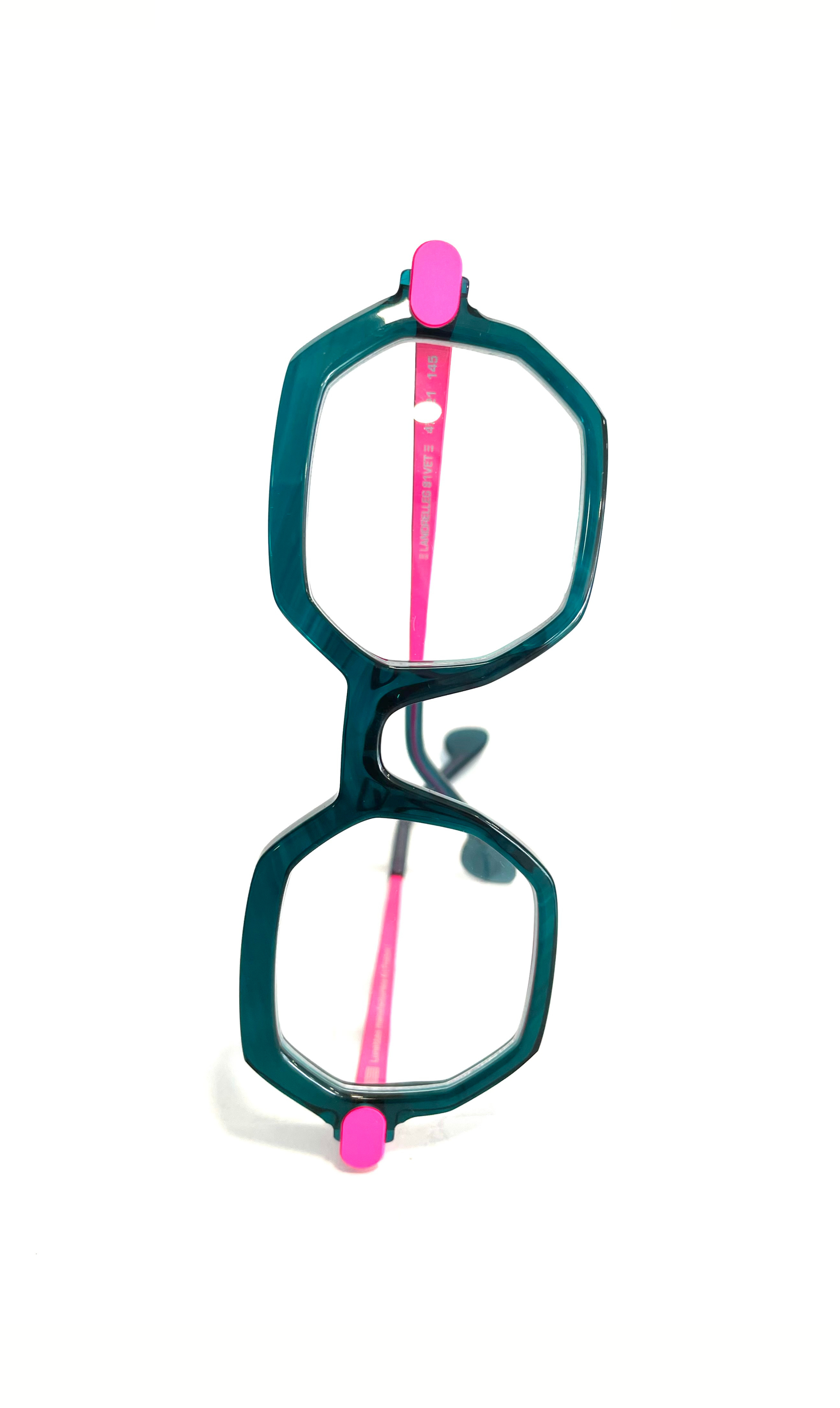 Lunettes octogonale bleue à branche métalliques roses 