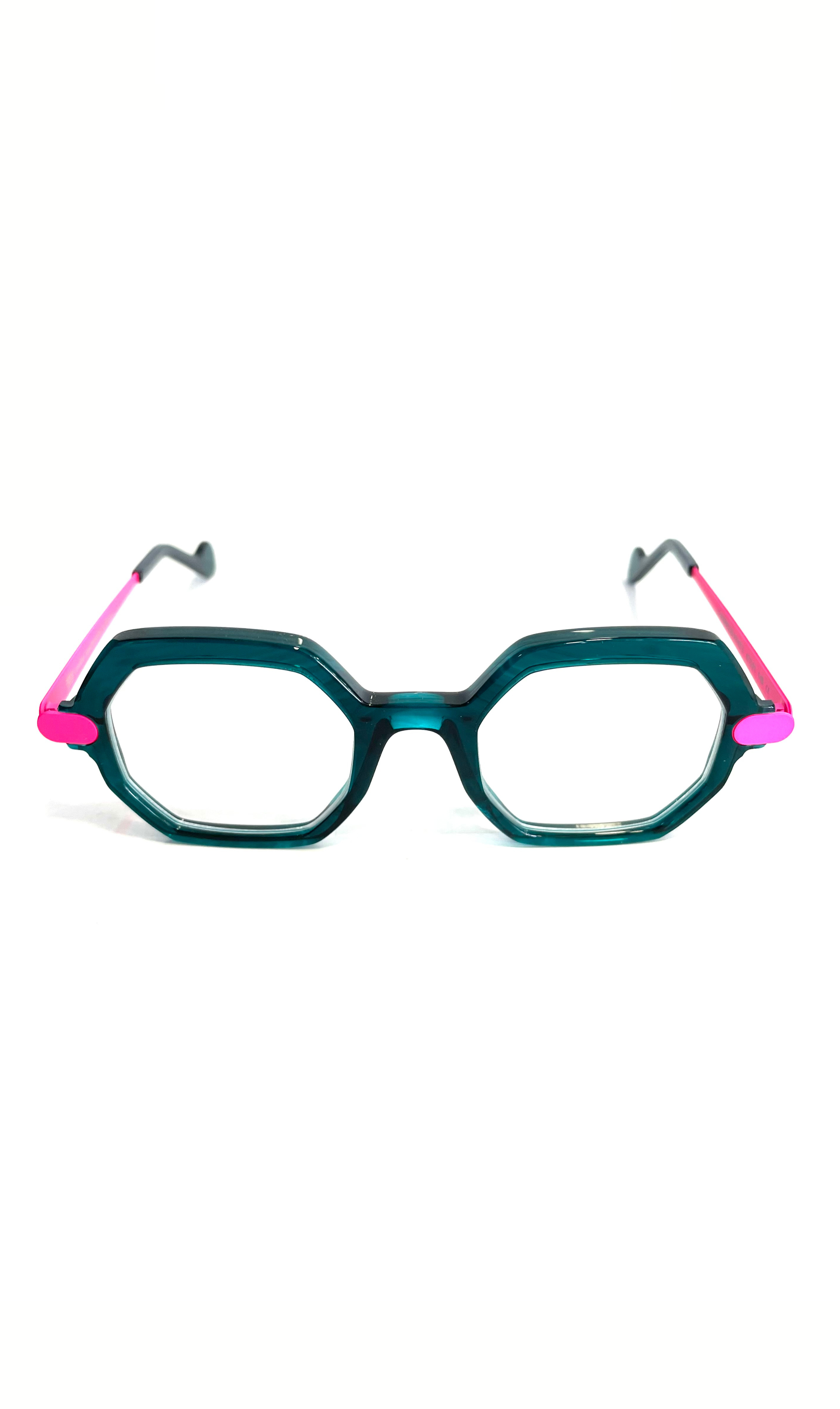 Lunettes octogonale bleue à branche métalliques roses 