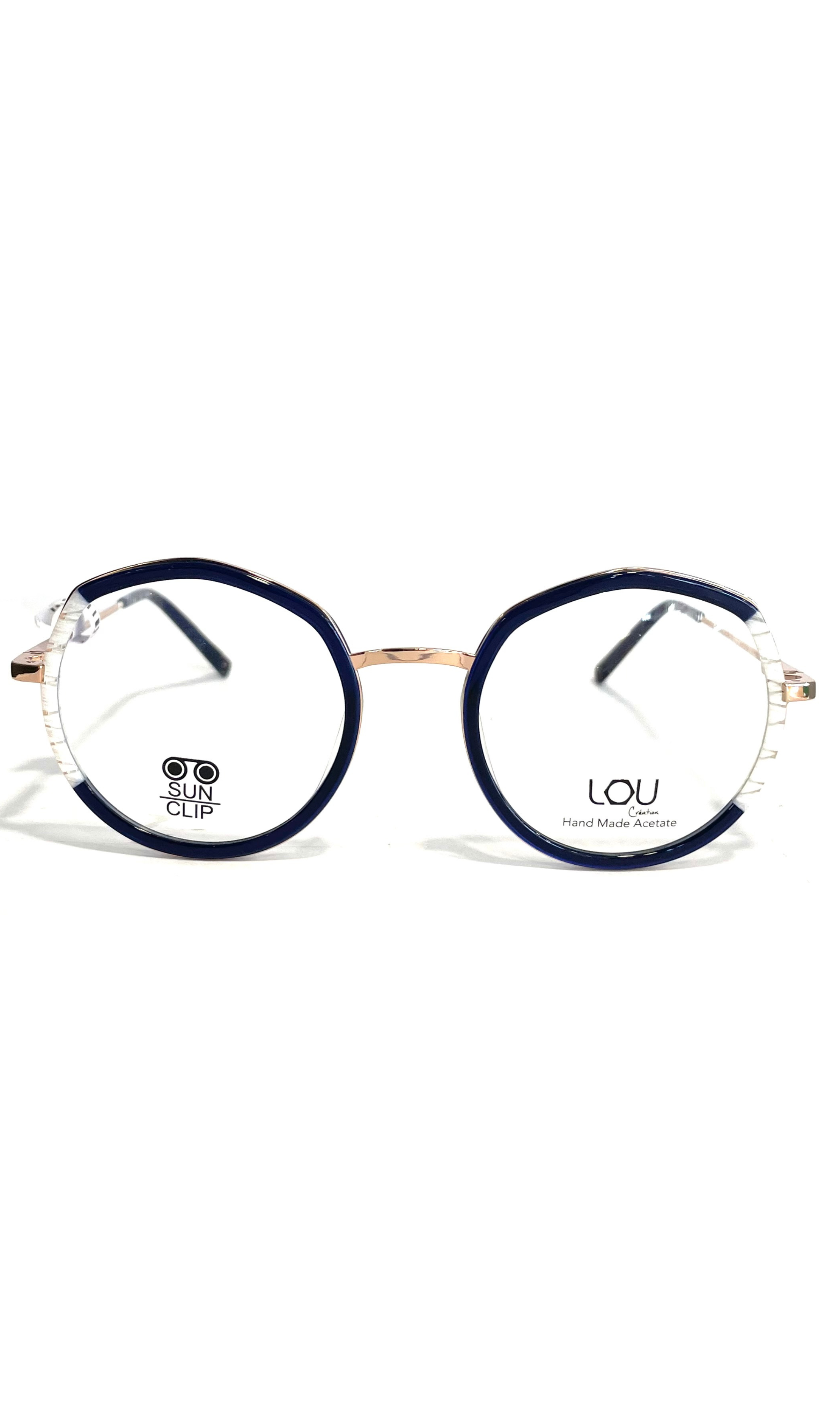Lunettes à clips solaire Lou à face bleue et en métal rose 